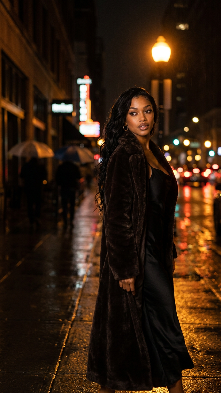 Nyanda Blaze on a rain-glossed city street at night